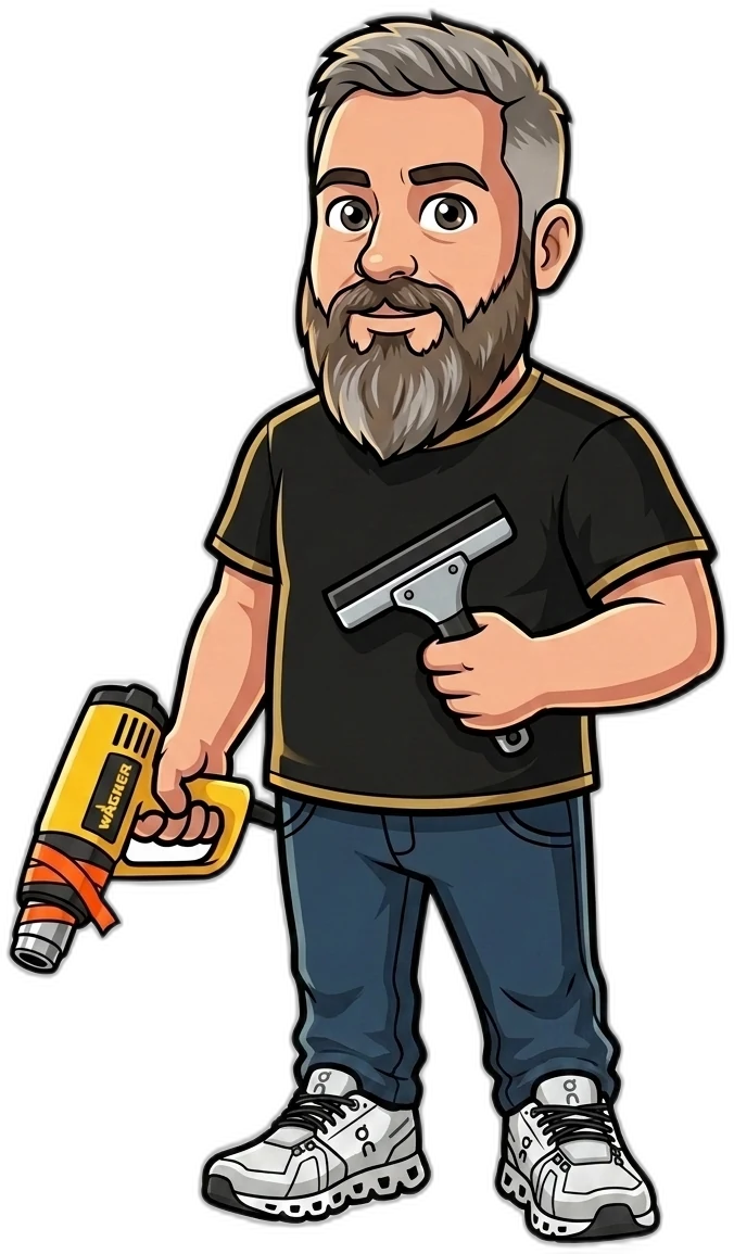 Mr. Window Tint, holding a heat gun and a hard-card squeegee
